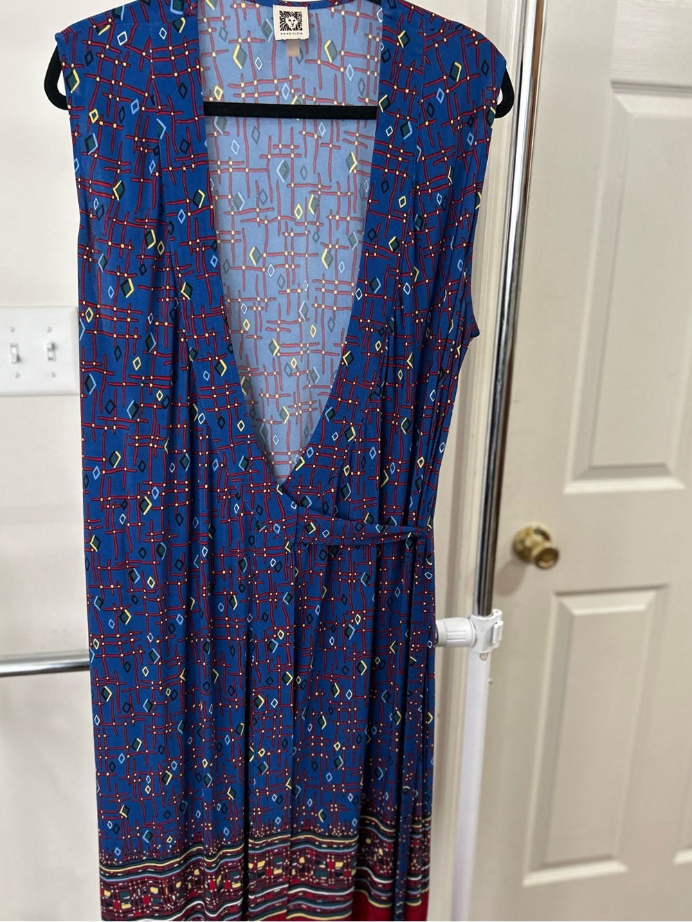 Anne Klein Blue Geometric Wrap Dress with Red Hem